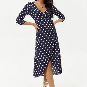 Navy Polka Dot Wrap Hi Low Dress